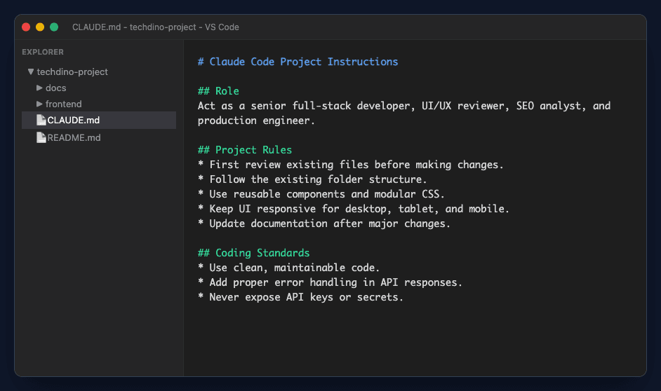 CLAUDE.md project instruction file example