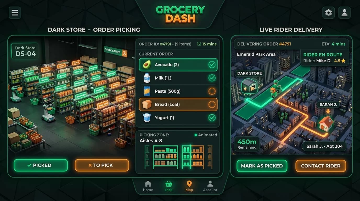 Hyperlocal Quick-Commerce Grocery Delivery: Dark Store Architecture and Route Dispatch