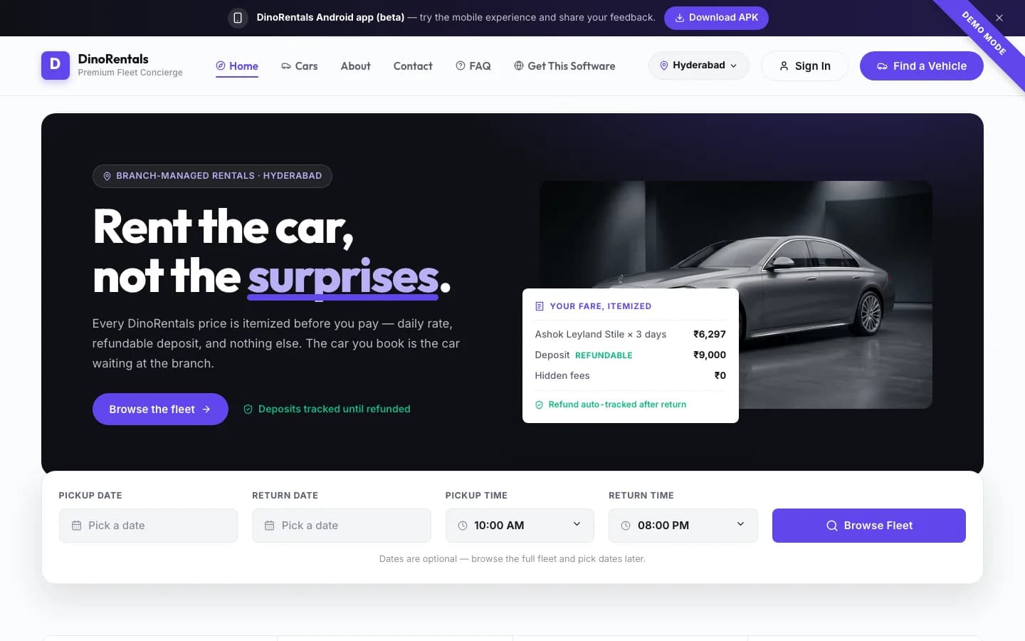 Dino Rental Cars home page on desktop — Rent the car,not the surprises.