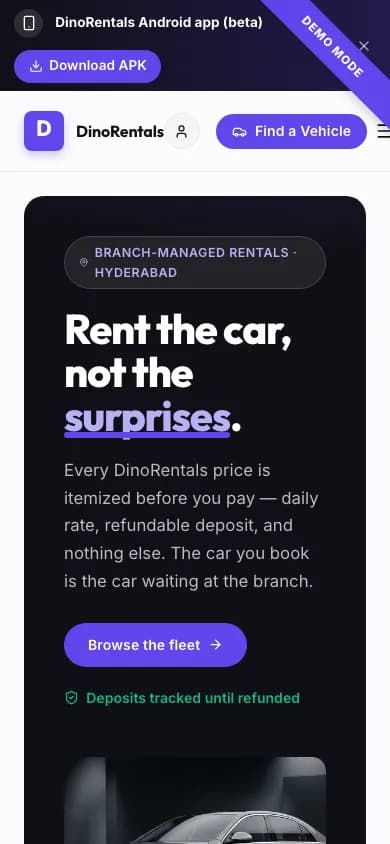 Dino Rental Cars home page on mobile — Rent the car,not the surprises.