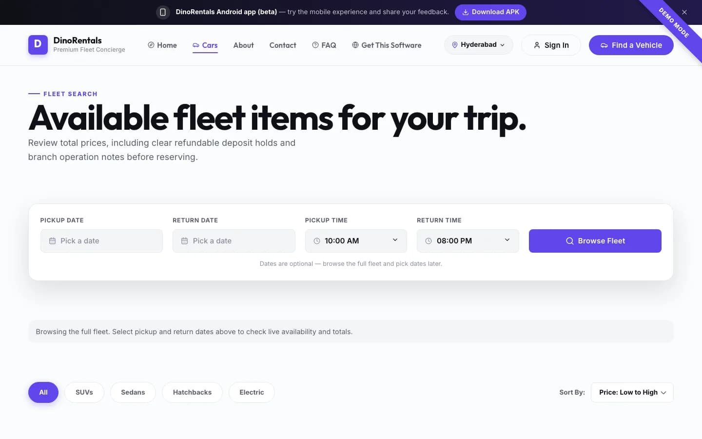 Dino Rental Cars cars on desktop — Available fleet items for your trip.