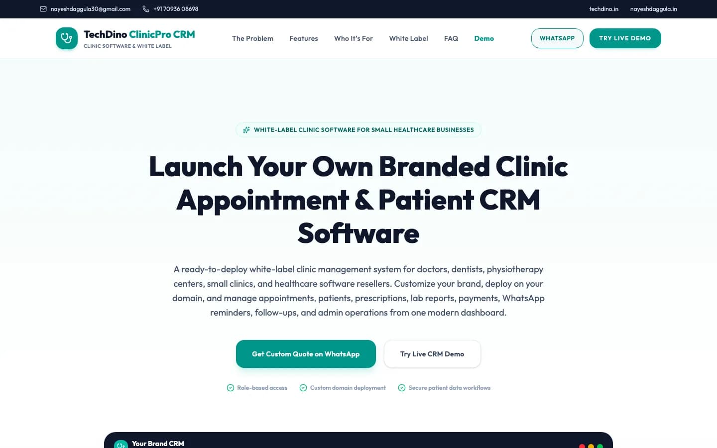 ClinicCRM white-label clinic management and appointment software screenshot
