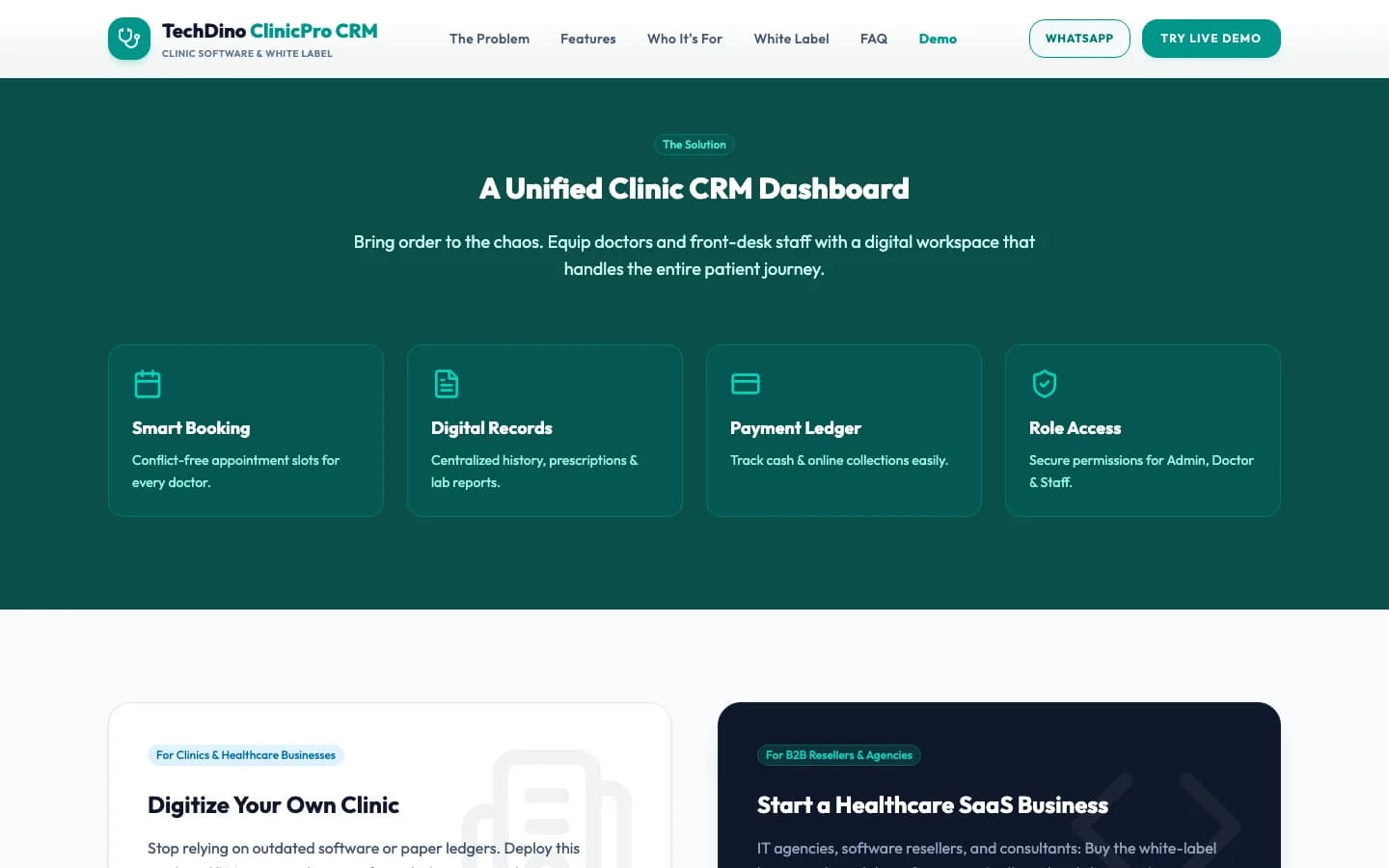 Clinic CRM A Unified Clinic CRM Dashboard on desktop — White-Label Clinic Management Software
