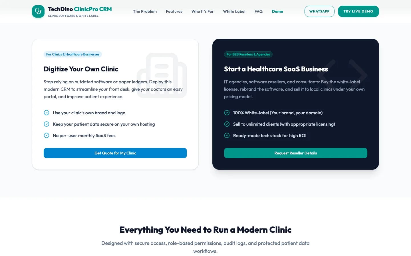 Clinic CRM Digitize Your Own Clinic on desktop — White-Label Clinic Management Software