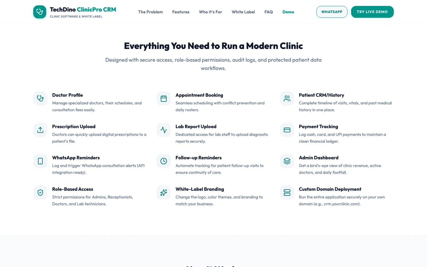 Clinic CRM Everything You Need to Run a Modern Clinic on desktop — White-Label Clinic Management Software