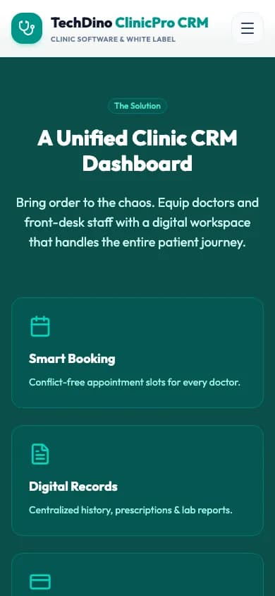 Clinic CRM A Unified Clinic CRM Dashboard on mobile — White-Label Clinic Management Software
