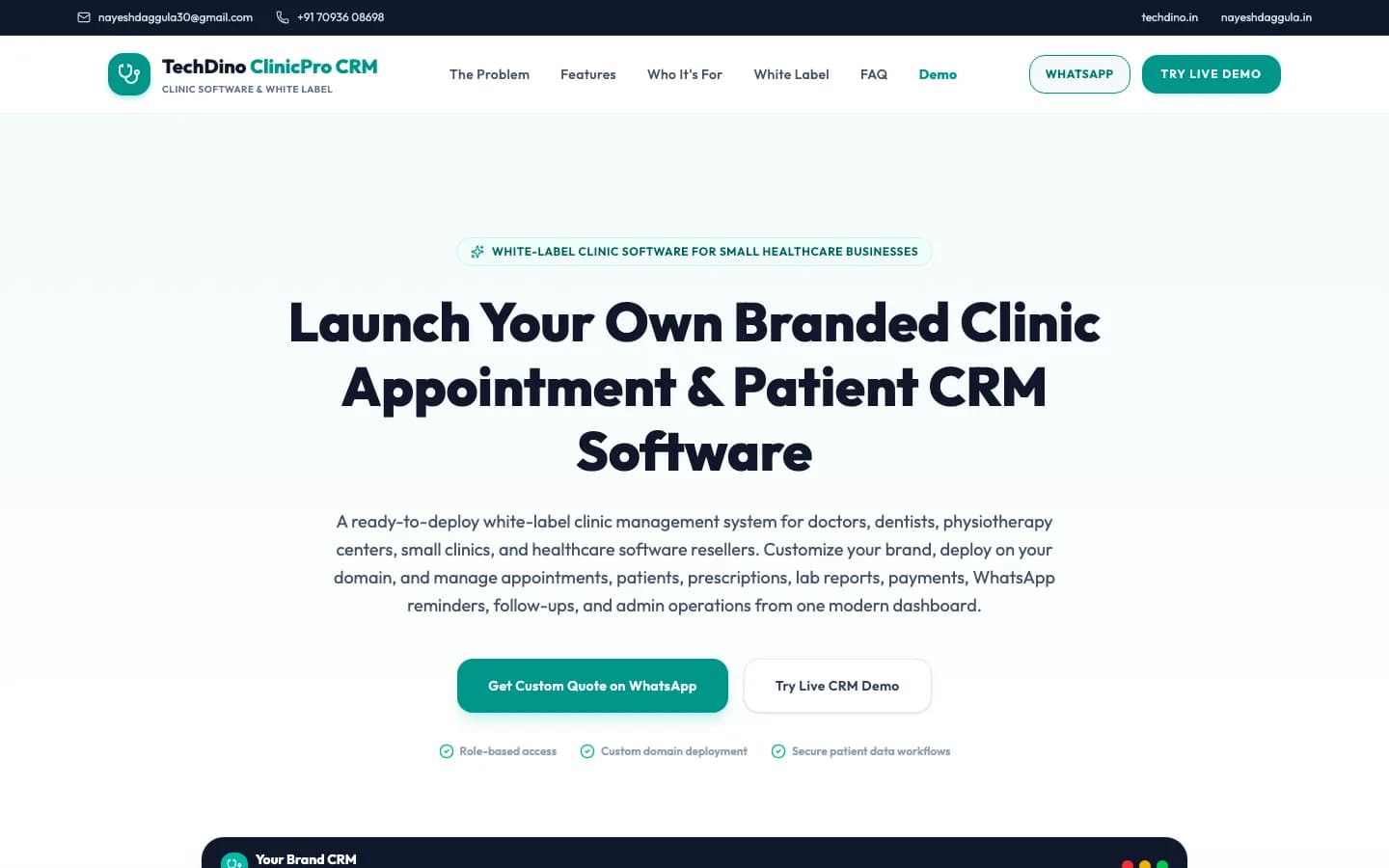 Clinic CRM home page on desktop — Launch Your Own Branded Clinic Appointment & Patient CRM Software