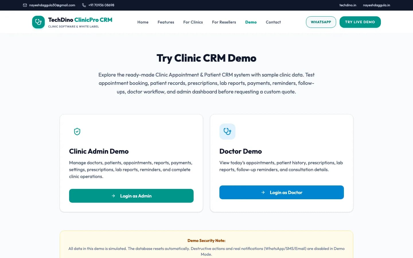 Clinic CRM demo on desktop — Try Clinic CRM Demo