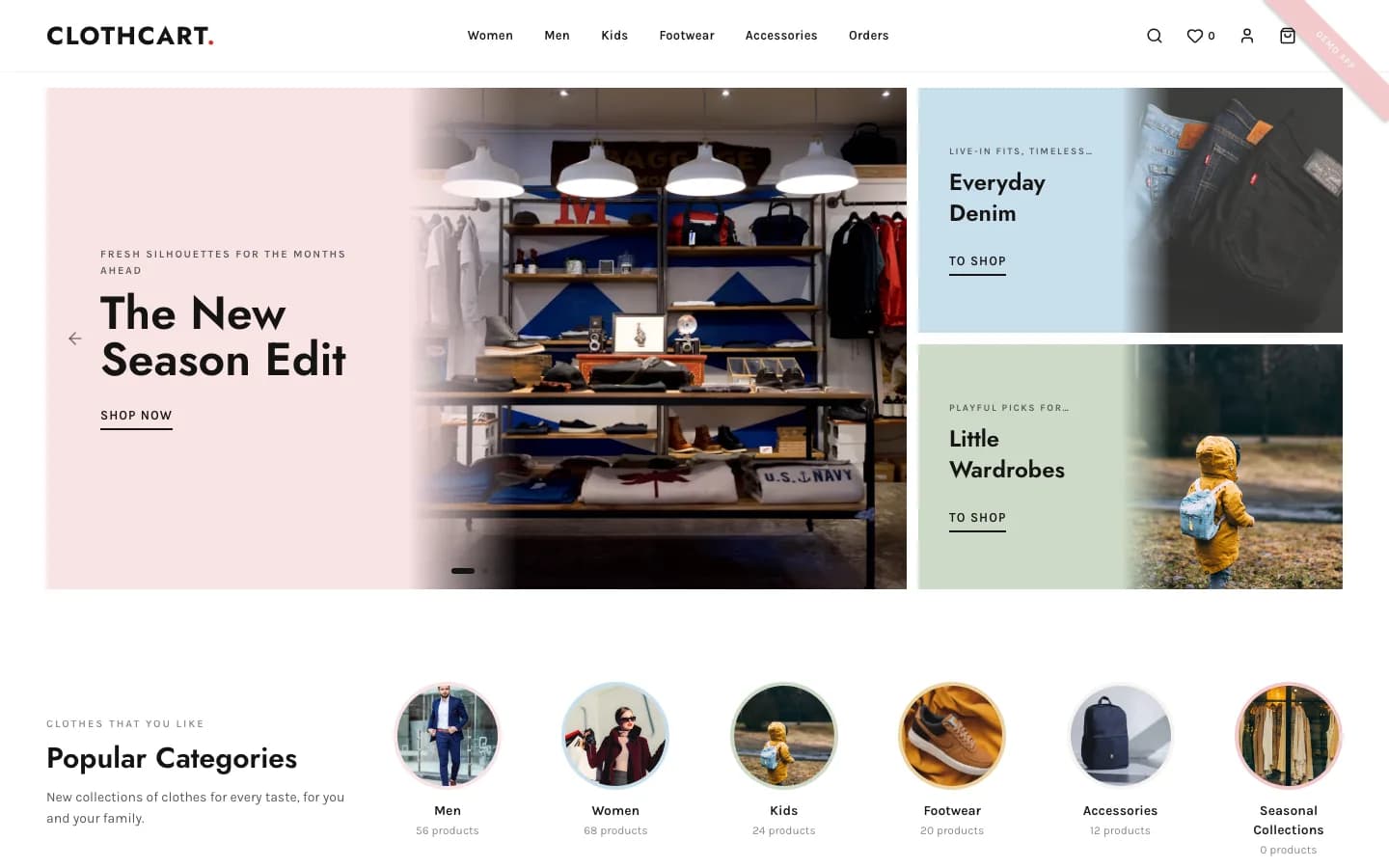 ClothCart white-label fashion ecommerce app product listing and shopping website screenshot