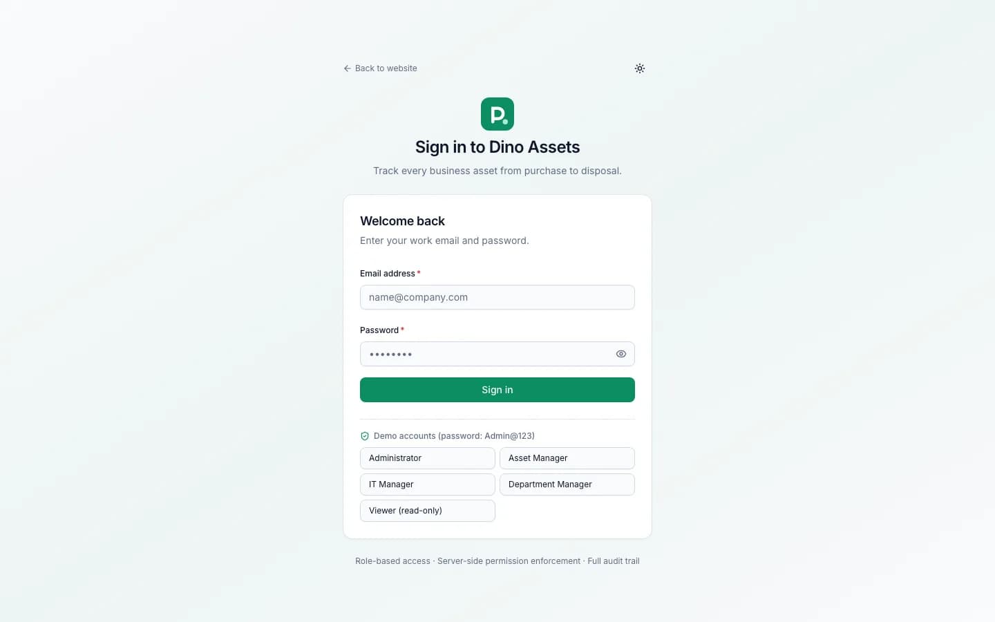 Dino Assets Management - Dino Assets Management secure login portal with role-based demo accounts