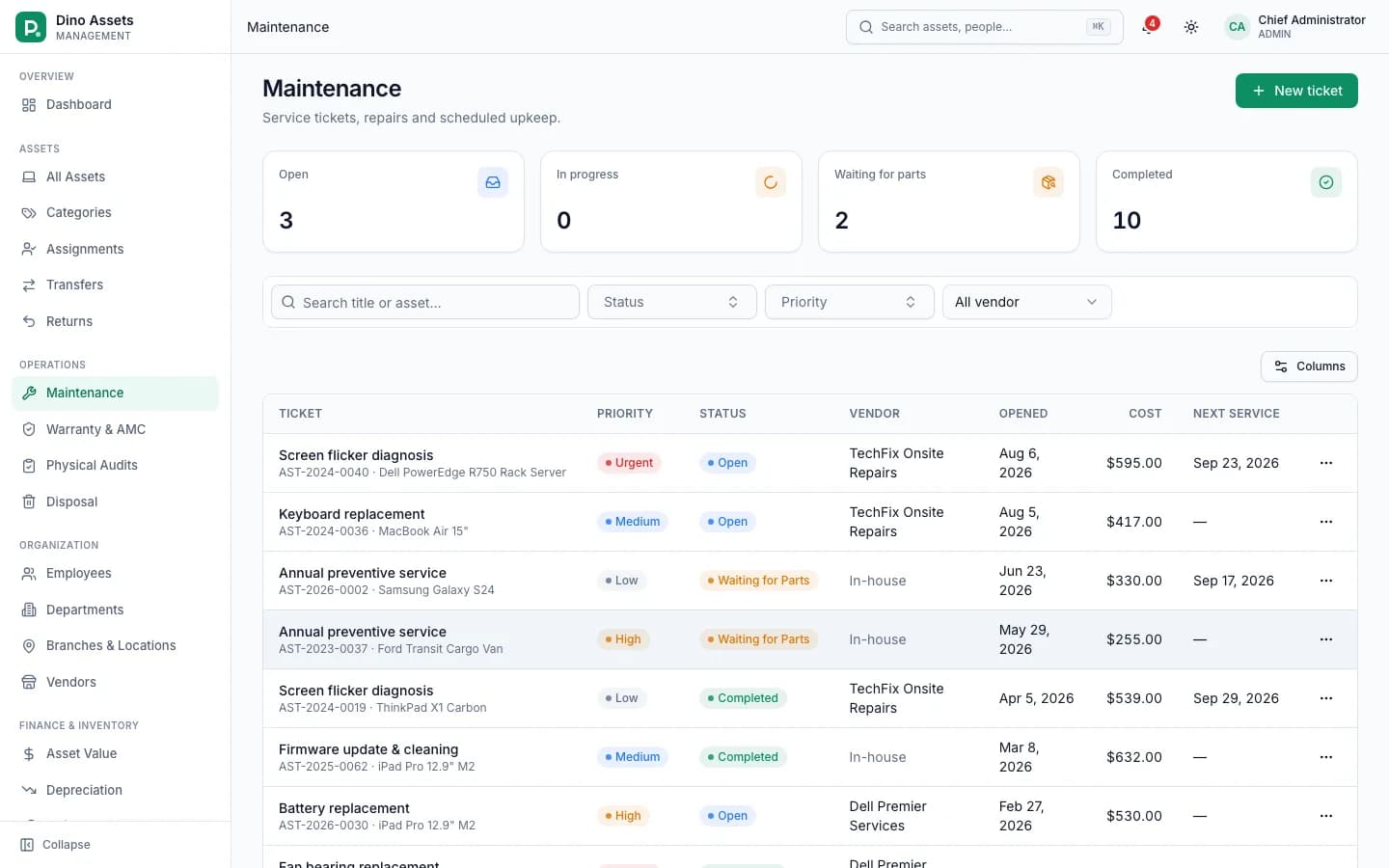 Dino Assets Management - Dino Assets Management scheduled maintenance tickets and repair tracking