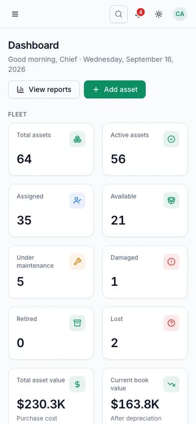 Dino Assets Management enterprise operations dashboard with asset distribution, maintenance tracking, and warranty alerts mobile preview