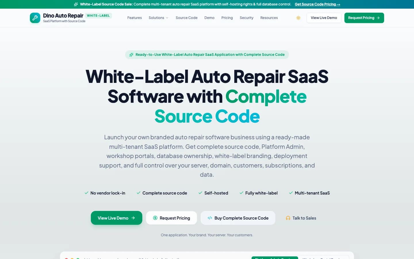 Dino Auto Repair multi-tenant SaaS platform admin dashboard and workshop portals