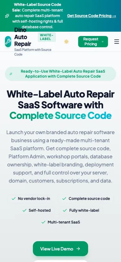 Dino Auto Repair multi-tenant SaaS platform admin dashboard and workshop portals mobile preview