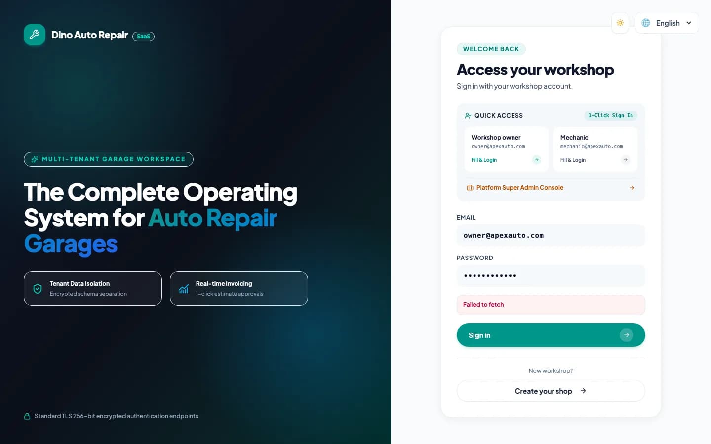 Dino Auto Repair SaaS - Dino Auto Repair garage workshop owner dashboard