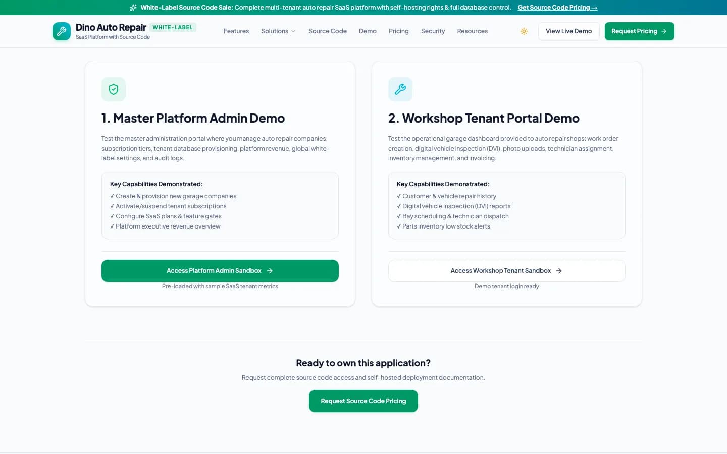 Dino Auto Repair SaaS 1. Master Platform Admin Demo on desktop — White-Label Auto Repair SaaS Platform with Complete Source Code