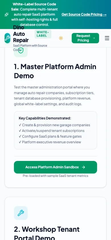 Dino Auto Repair SaaS 1. Master Platform Admin Demo on mobile — White-Label Auto Repair SaaS Platform with Complete Source Code