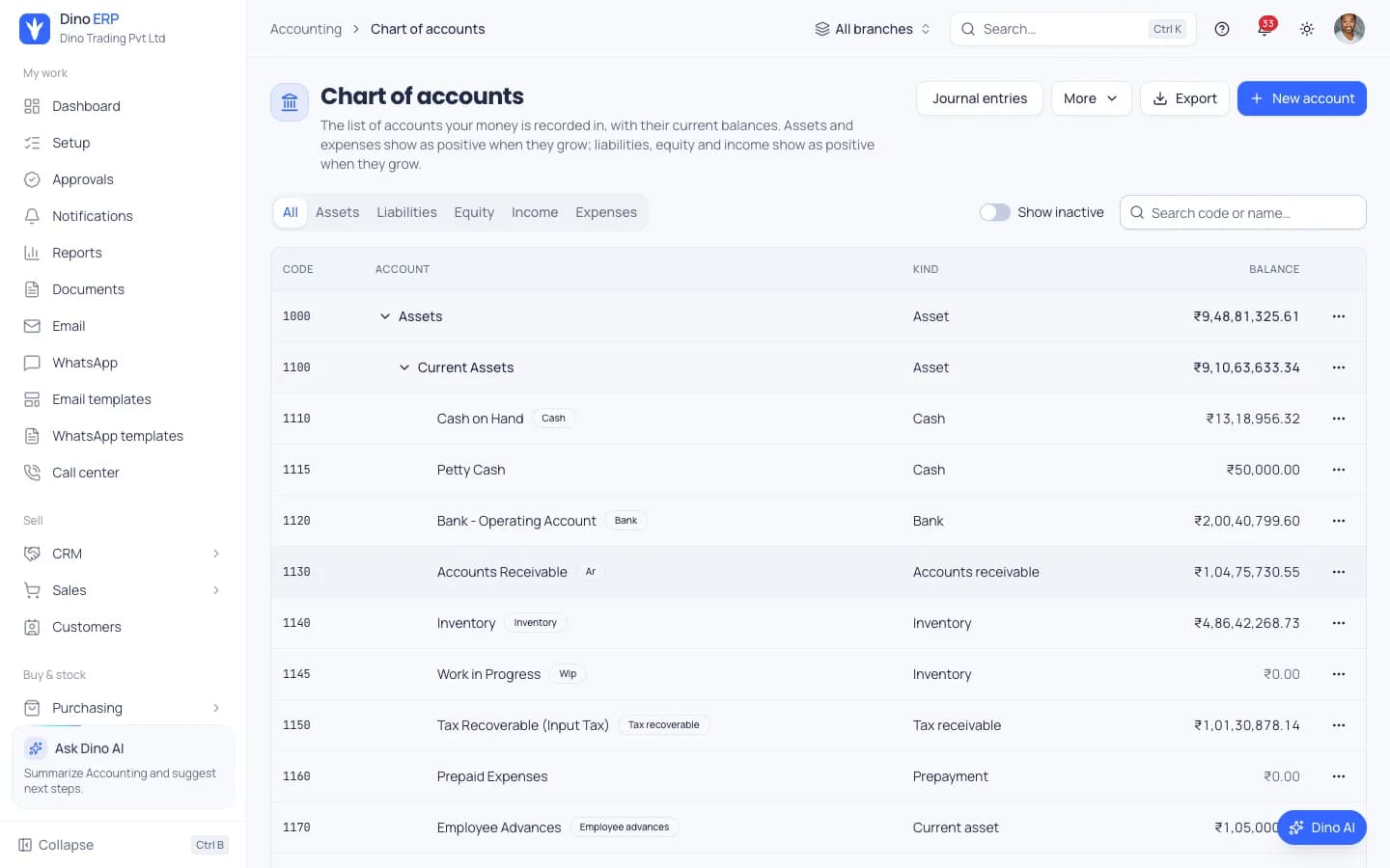 Dino ERP chart of accounts with assets, cash, bank, receivables, inventory and tax accounts and live balances