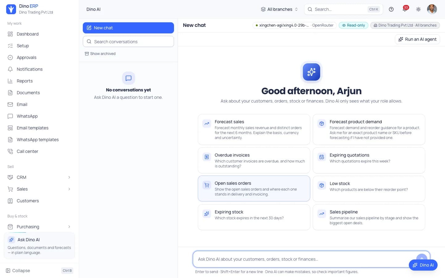 Dino ERP Dino AI assistant with suggested questions for sales forecasts, overdue invoices, open orders, low stock and the sales pipeline
