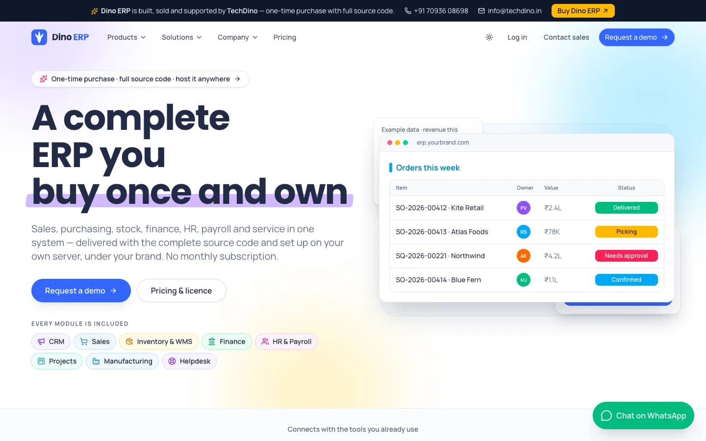 Dino ERP product website: a complete ERP bought once with source code, hosted on your own server