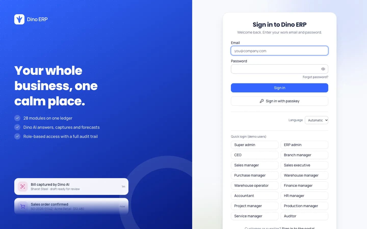 Dino ERP sign-in with passkey option, language switcher and 16 quick demo logins by role