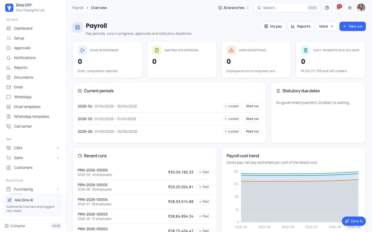 Dino ERP payroll overview with pay periods, recent pay runs, statutory due dates and payroll cost trend