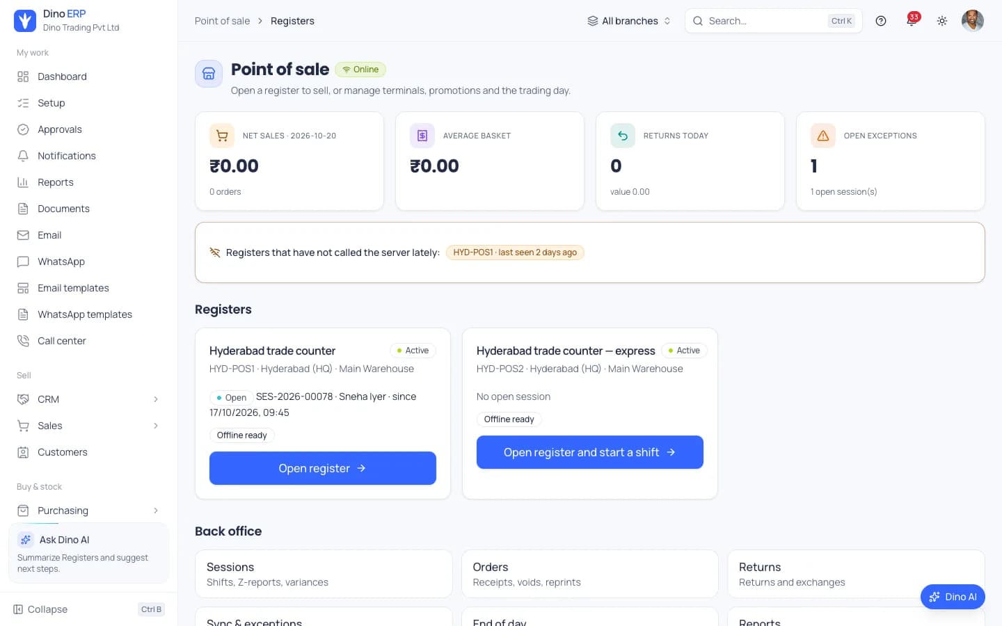 Dino ERP point of sale registers with offline-ready terminals, open sessions and back office links