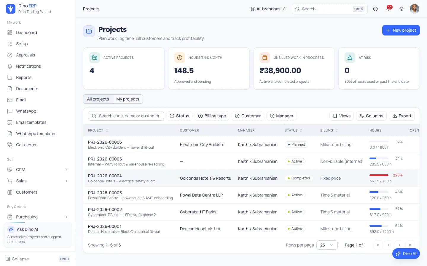 Dino ERP projects list with customer, manager, billing type, hours used and unbilled work in progress