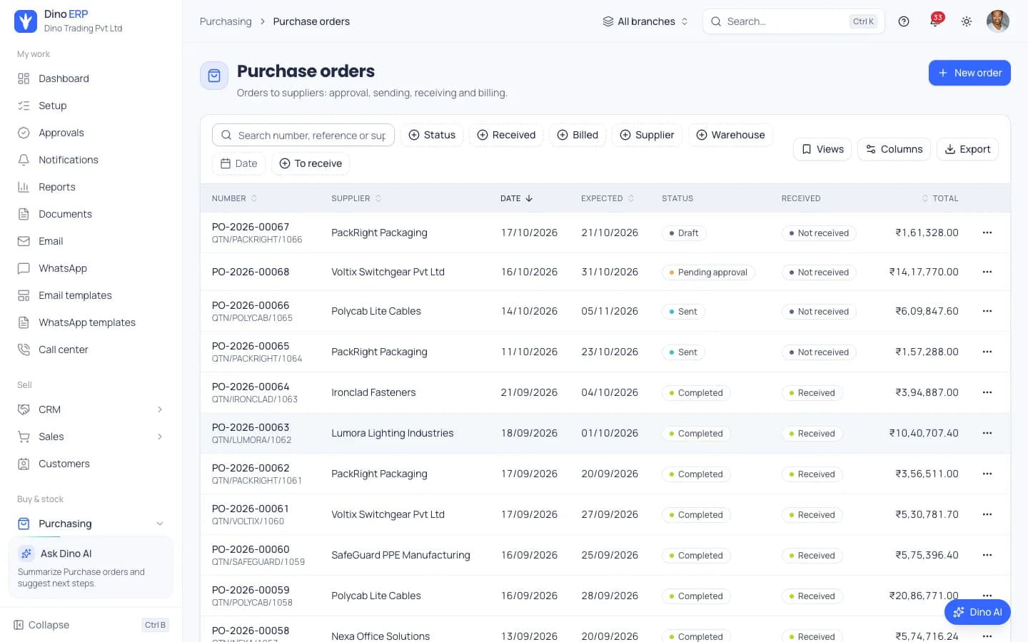 Dino ERP purchase orders list with supplier, expected date, approval status, receipt status and totals