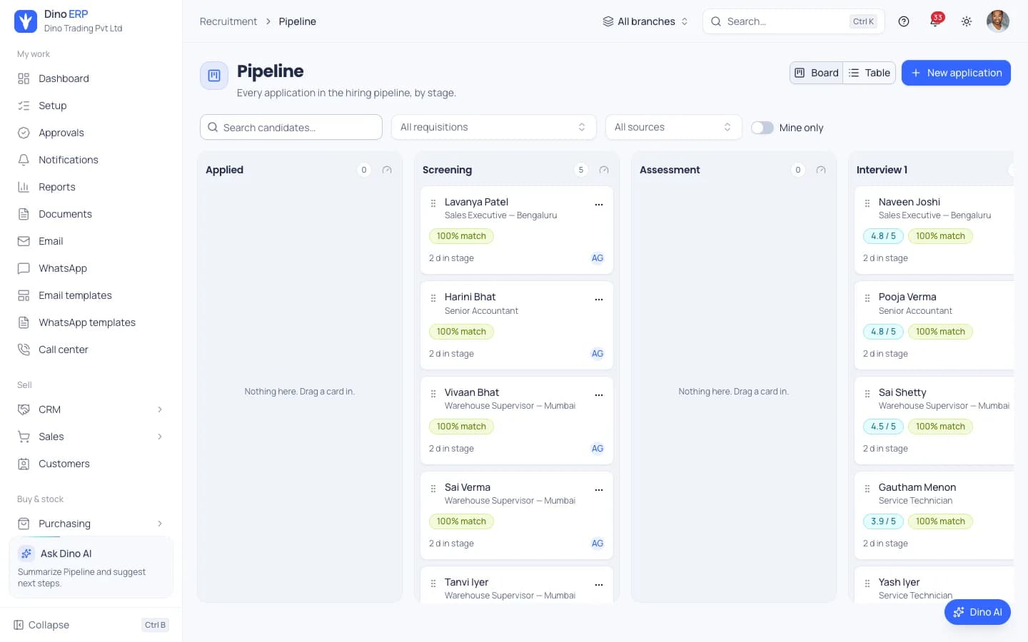 Dino ERP recruitment pipeline board with candidates by stage, match scores and interview ratings