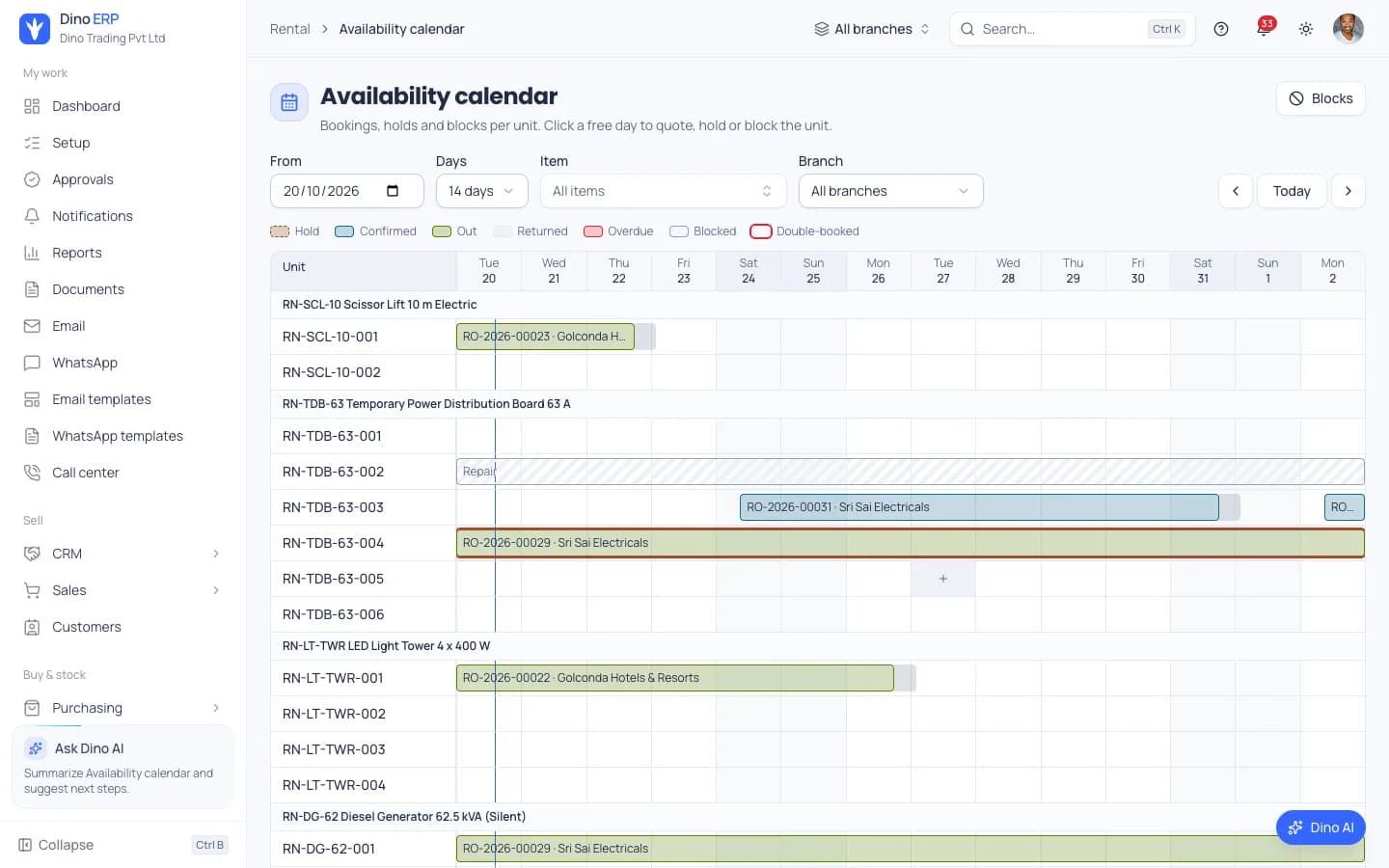 Dino ERP rental availability calendar with bookings, holds and blocks per rentable unit