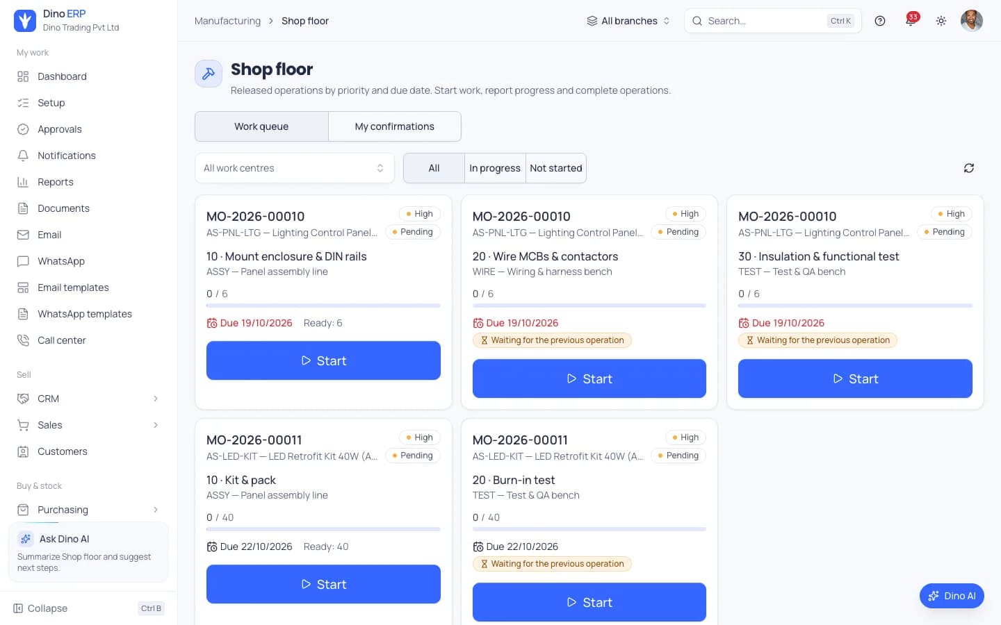 Dino ERP manufacturing shop floor with released production order operations by work centre and start buttons