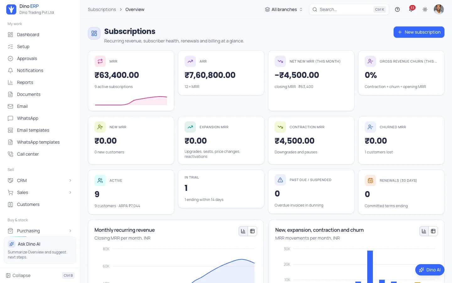 Dino ERP subscriptions overview with MRR, ARR, churn, active subscribers and monthly recurring revenue chart