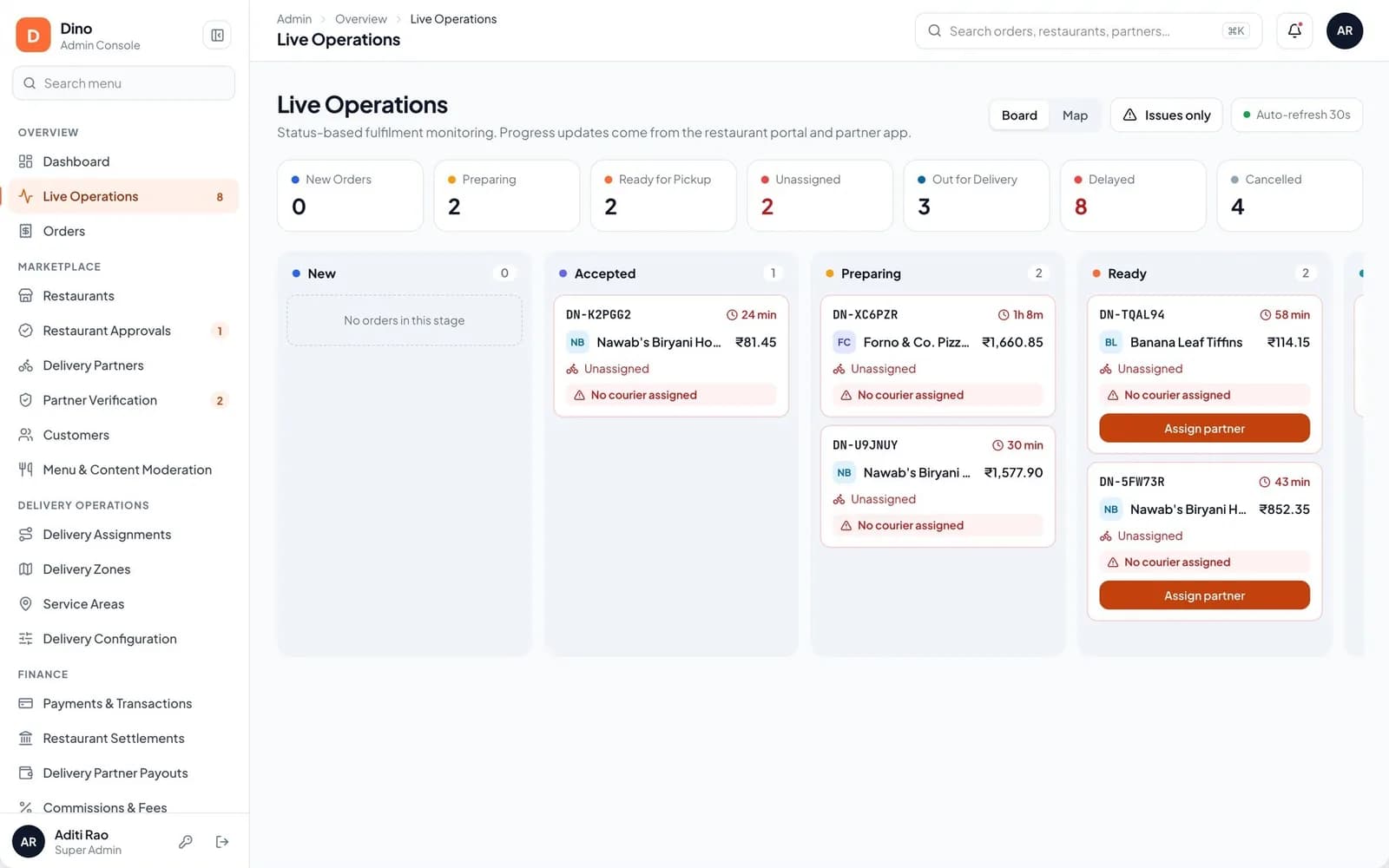 The admin live operations board: one column per stage, with delayed and unassigned orders flagged.