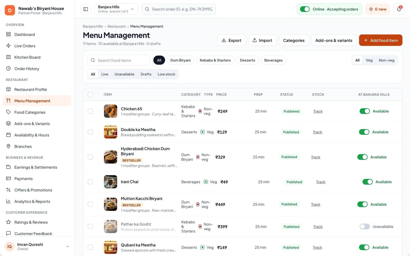 Dino Food Delivery restaurant menu management with items, prices, prep time, veg tags and availability toggles