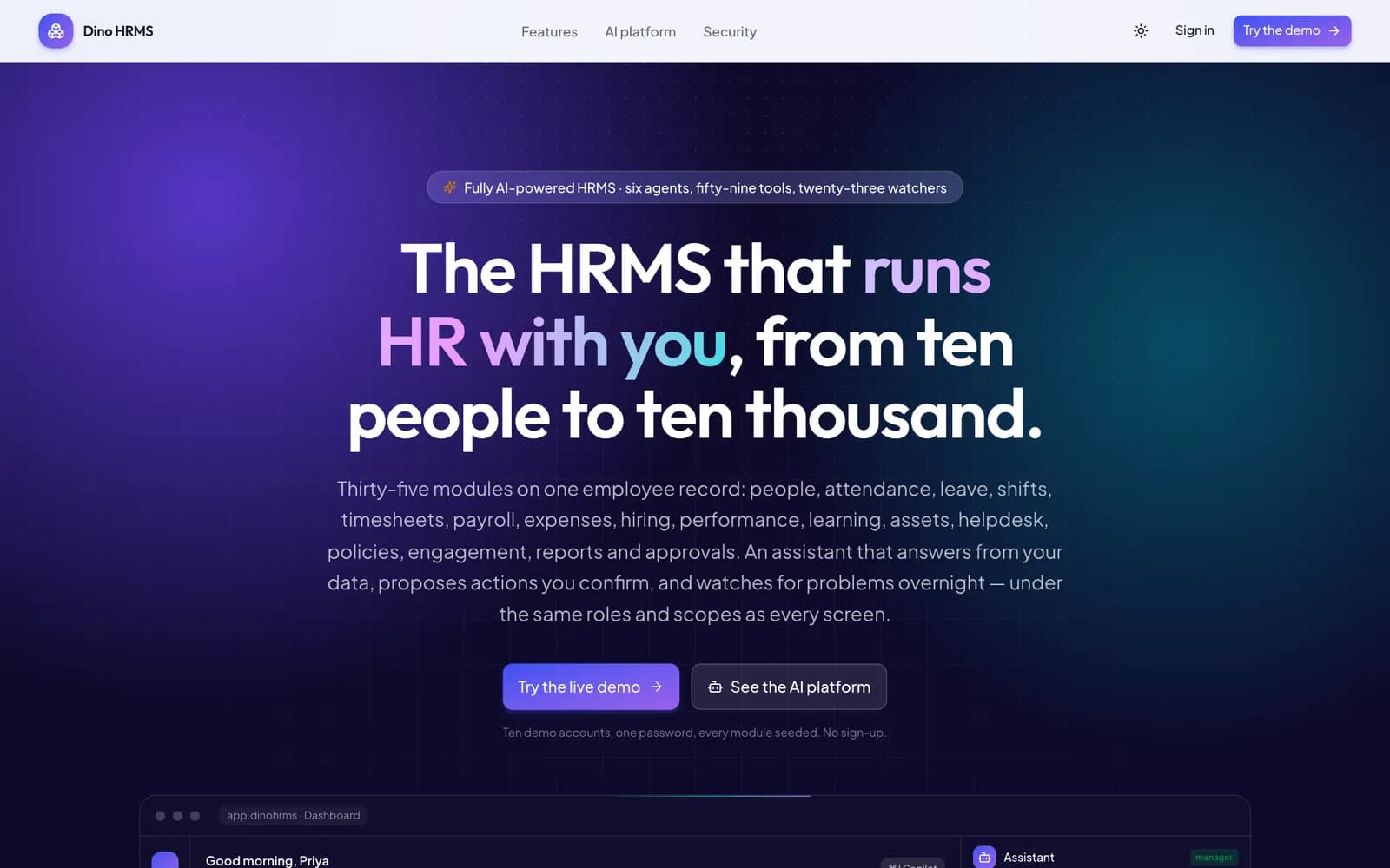 Dino HRMS AI-powered HR management software landing page showing thirty-five modules, six assistant agents and twenty-three automated watchers