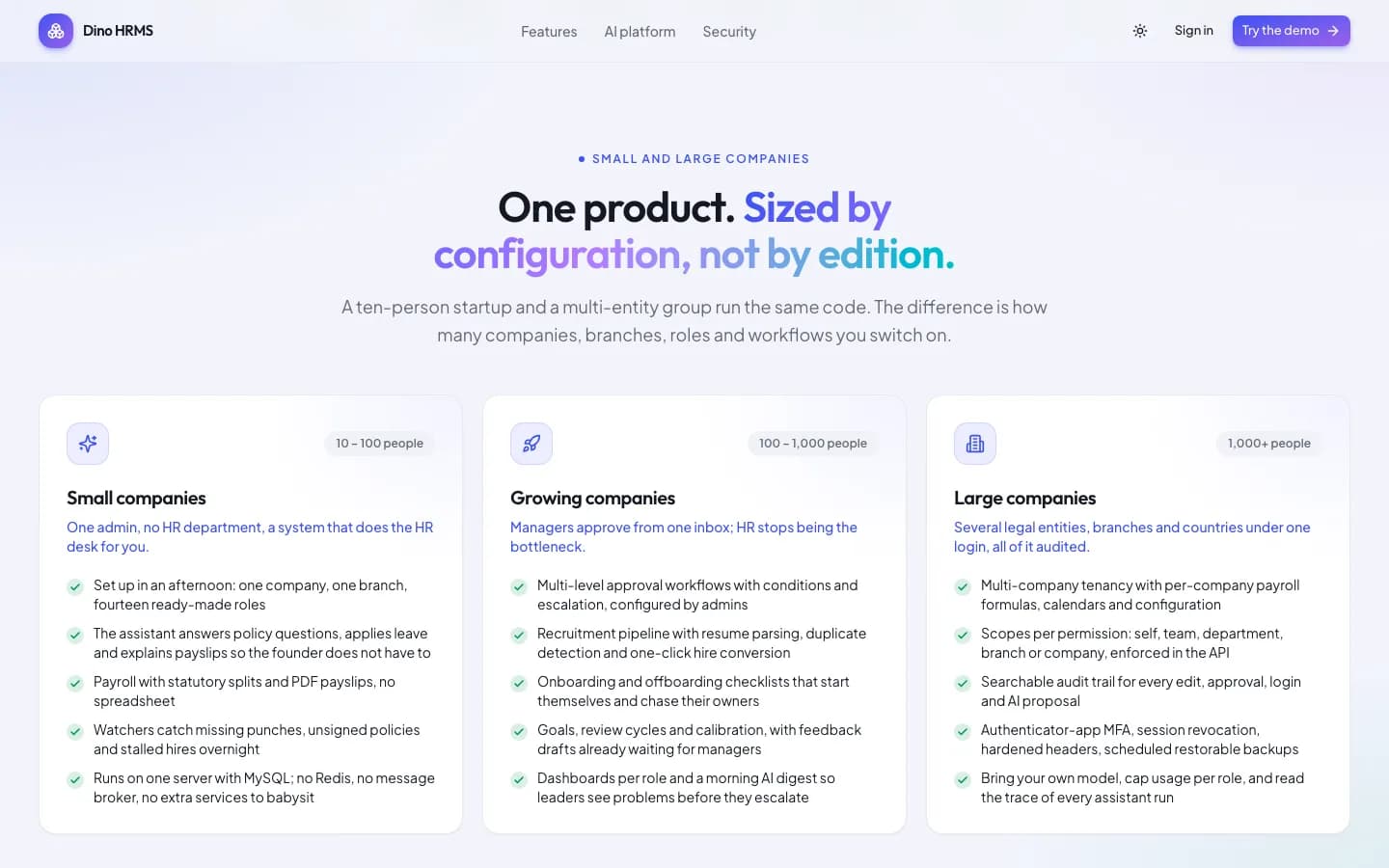 Dino HRMS One product. Sized by configuration, not by edition. on desktop — Dino HRMS AI-Powered HR Management & Payroll Software