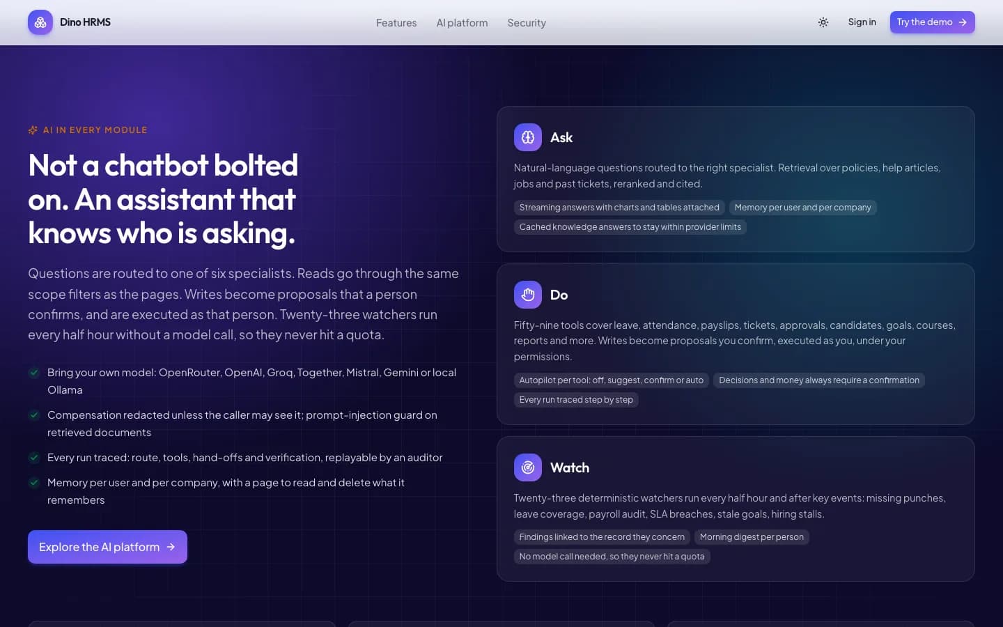 Dino HRMS Not a chatbot bolted on. An assistant that knows who is asking. on desktop — Dino HRMS AI-Powered HR Management & Payroll Software