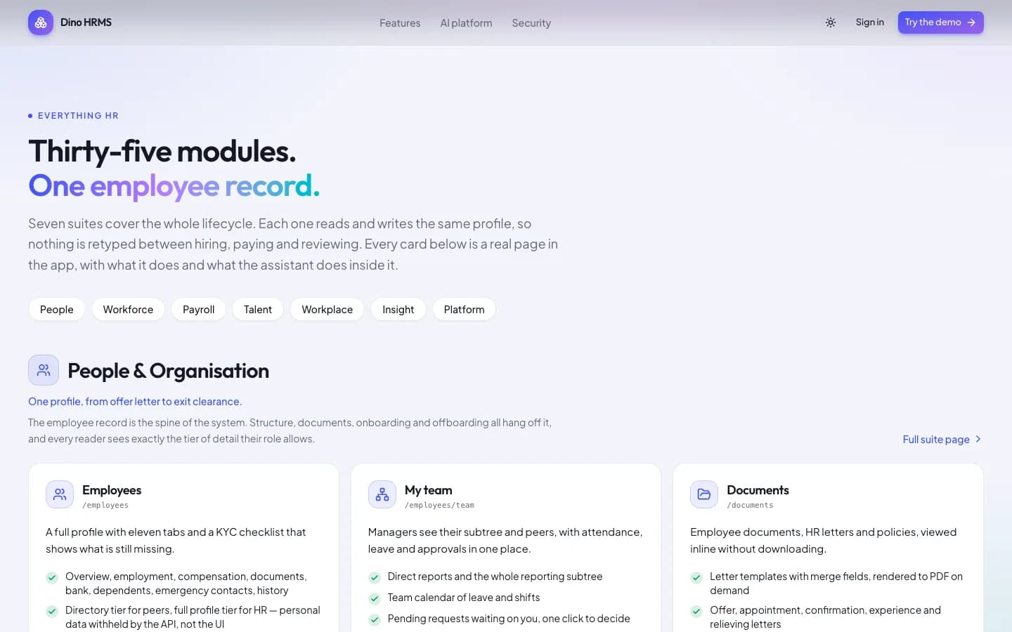 Dino HRMS Thirty-five modules. One employee record. on desktop — Dino HRMS AI-Powered HR Management & Payroll Software