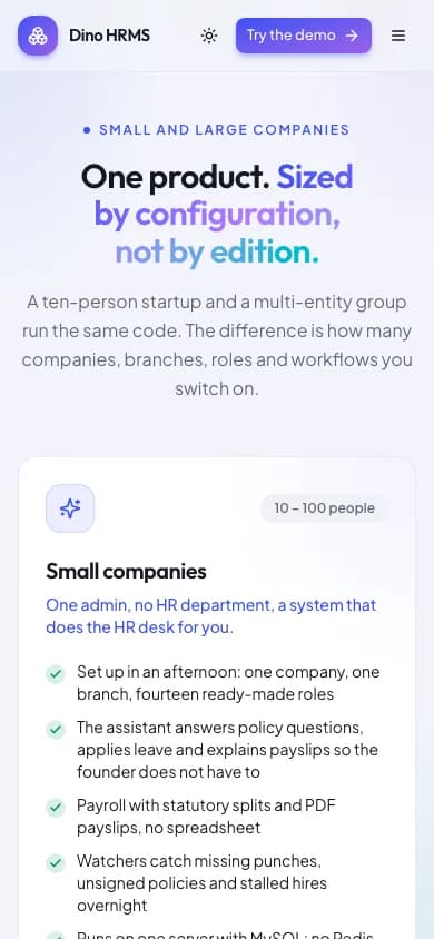 Dino HRMS One product. Sized by configuration, not by edition. on mobile — Dino HRMS AI-Powered HR Management & Payroll Software
