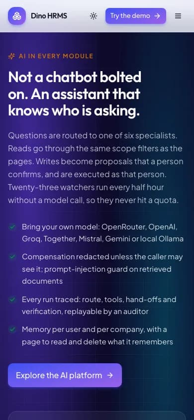 Dino HRMS Not a chatbot bolted on. An assistant that knows who is asking. on mobile — Dino HRMS AI-Powered HR Management & Payroll Software