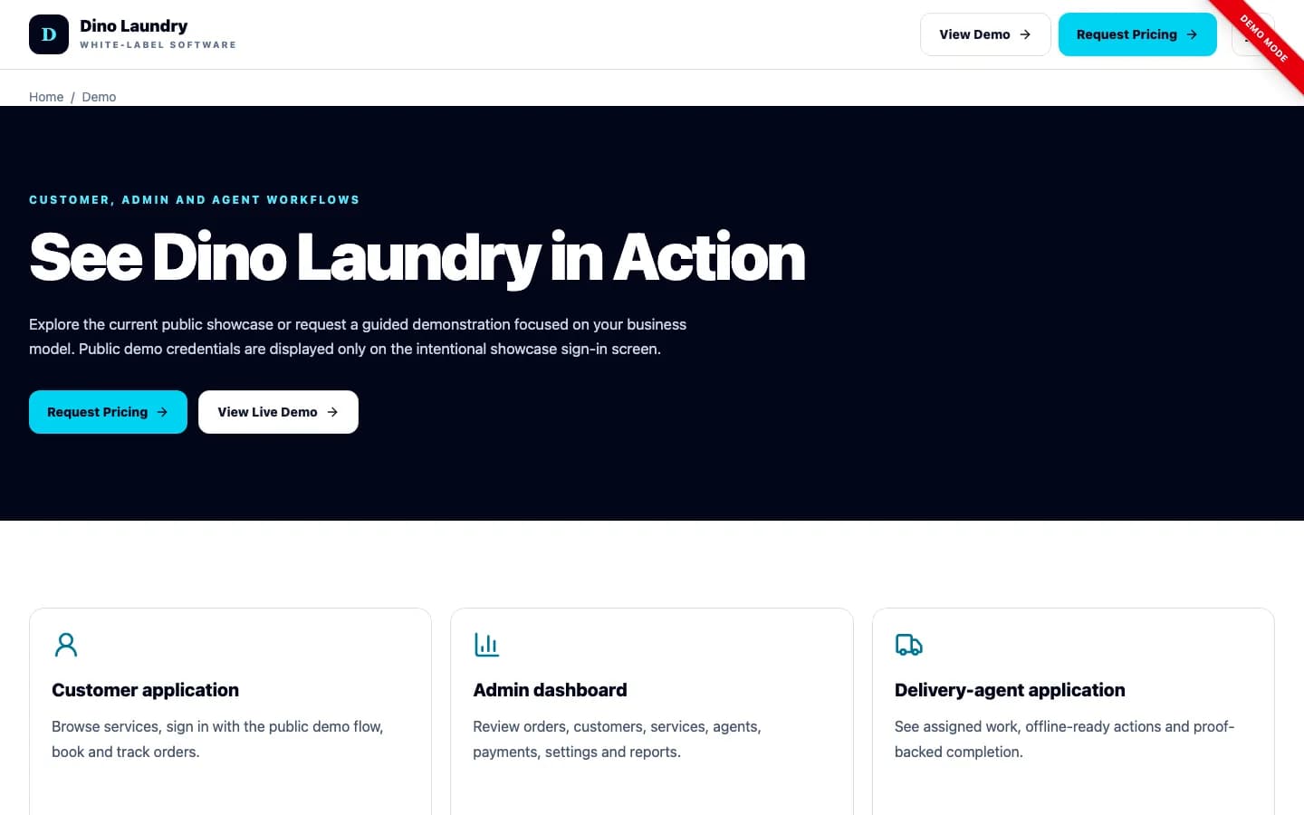 Dino Laundry admin dashboard showing laundry orders, customers, pickup operations, agents and payment information