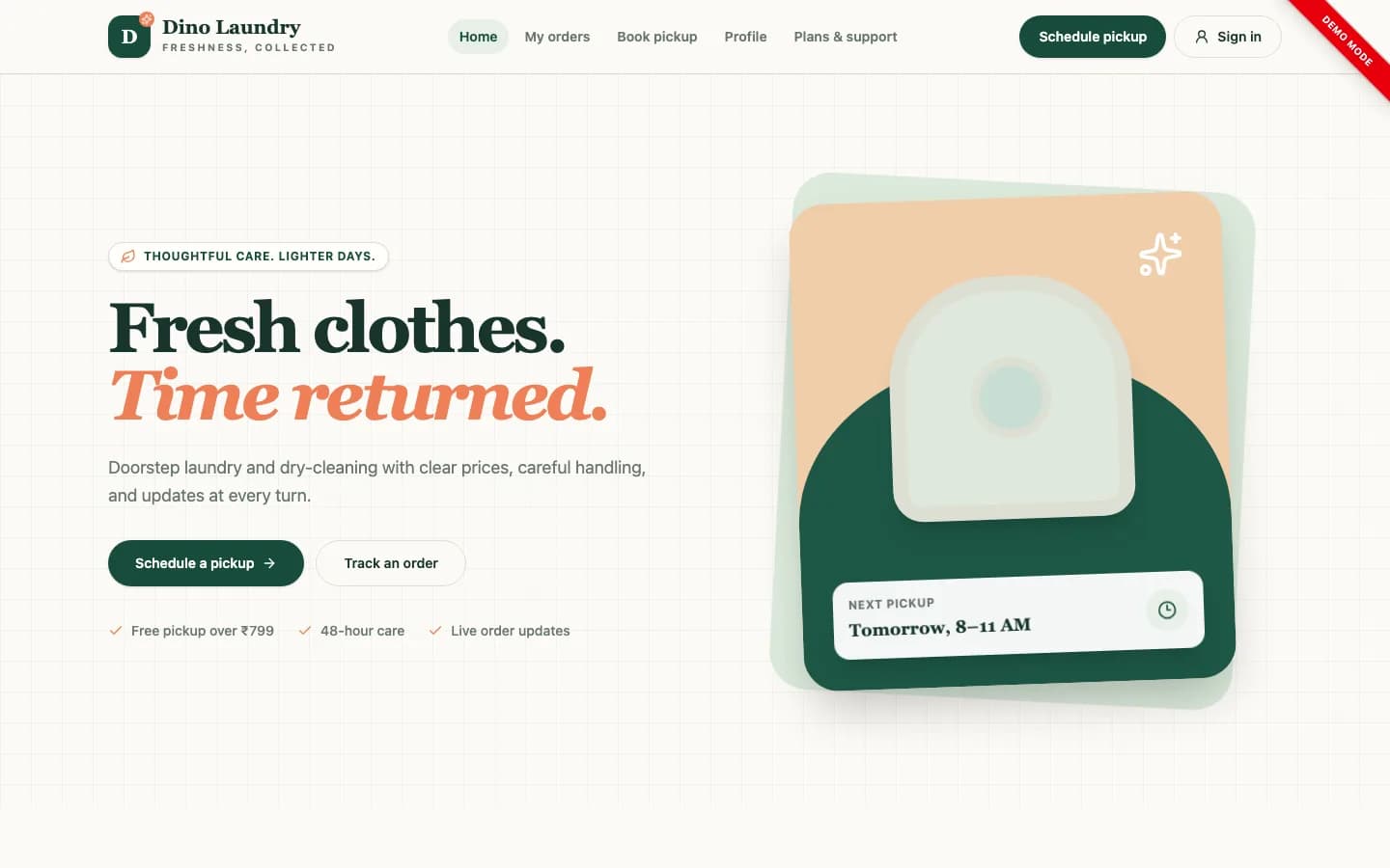 Dino Laundry app on desktop — Fresh clothes.Time returned.