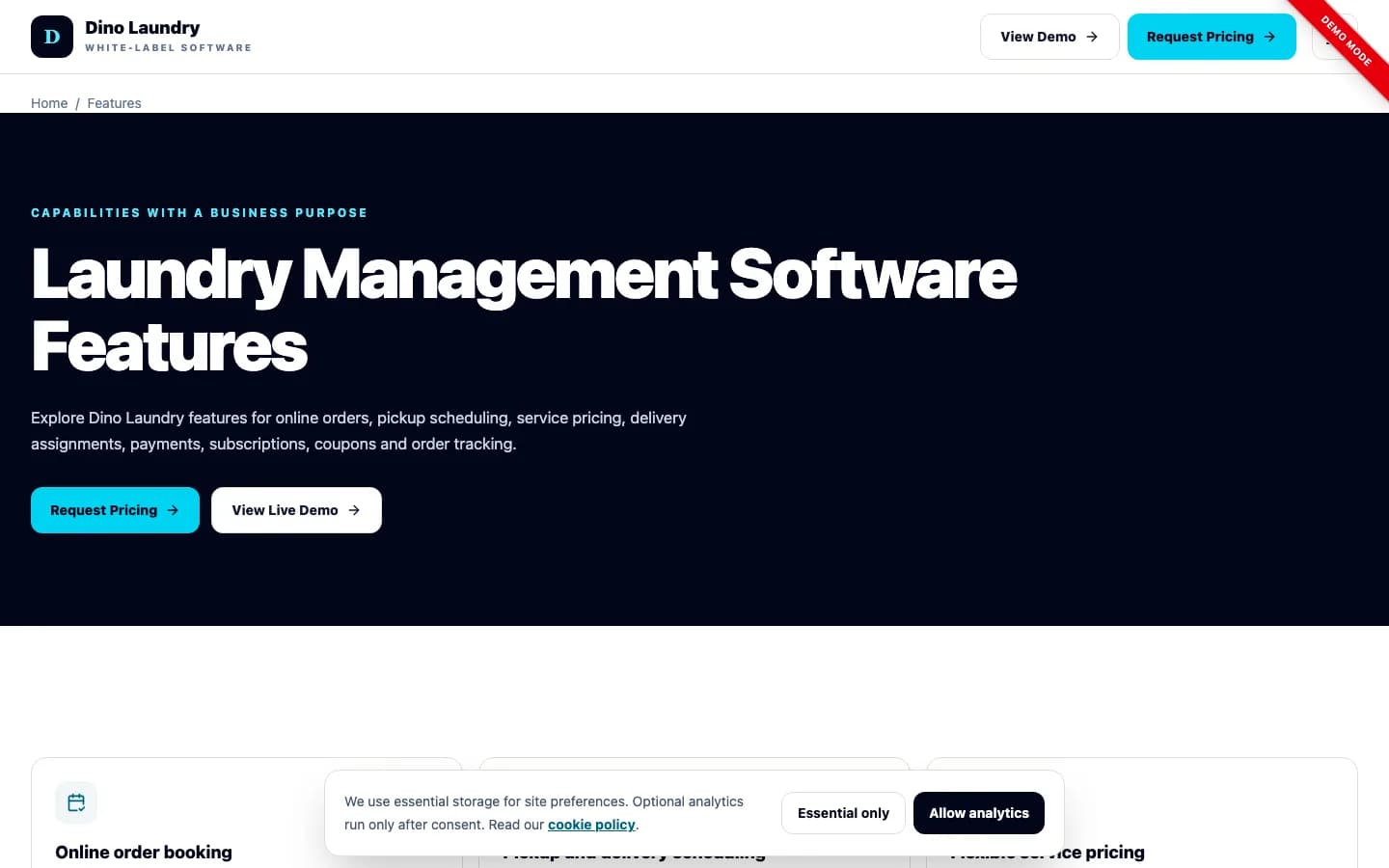 Dino Laundry features on desktop — Laundry Management Software Features