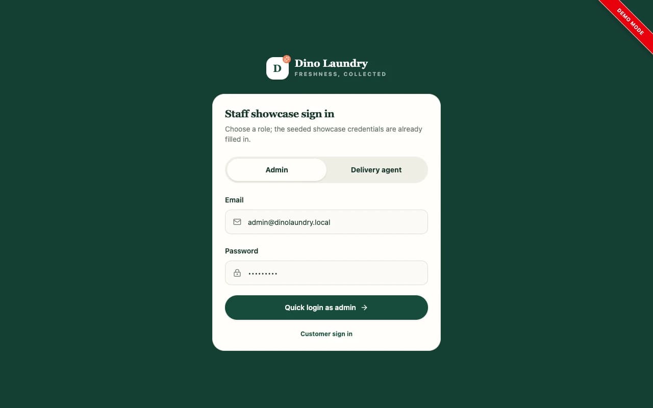Dino Laundry admin dashboard showing laundry orders, customers, pickup operations, agents and payment information