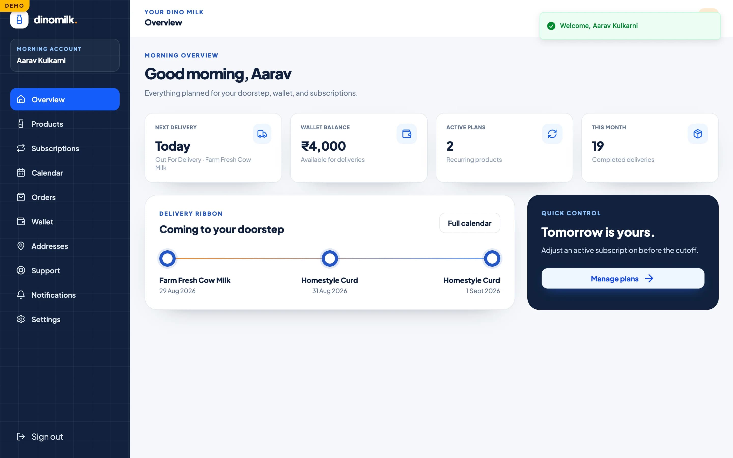 Dino Milk daily dairy delivery software dashboard showing active subscriptions, delivery routes, wallet balances and morning dispatch status