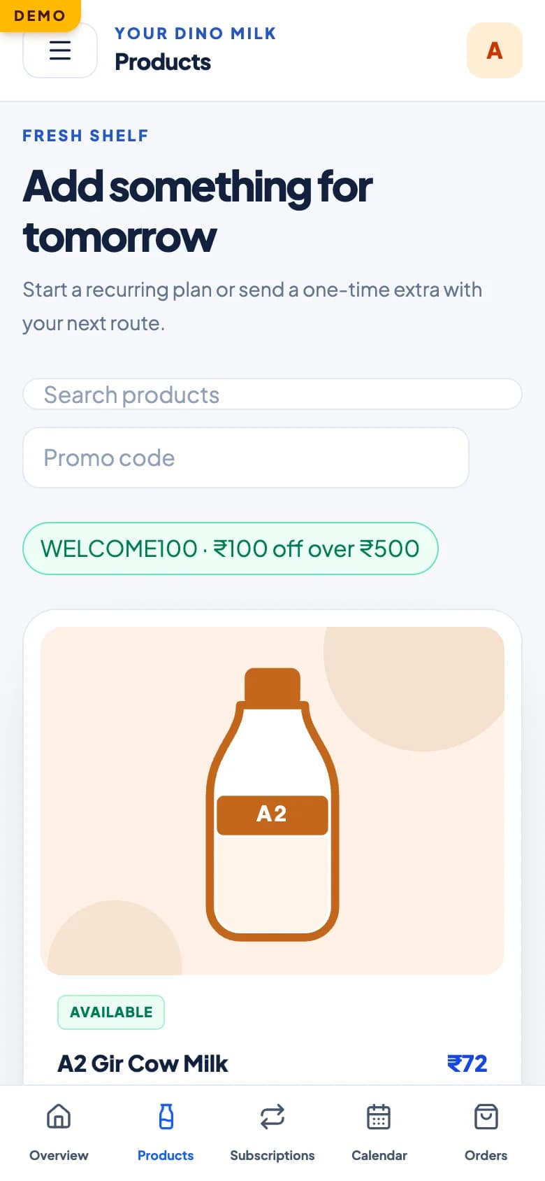 Dino Milk daily dairy delivery software dashboard showing active subscriptions, delivery routes, wallet balances and morning dispatch status mobile preview