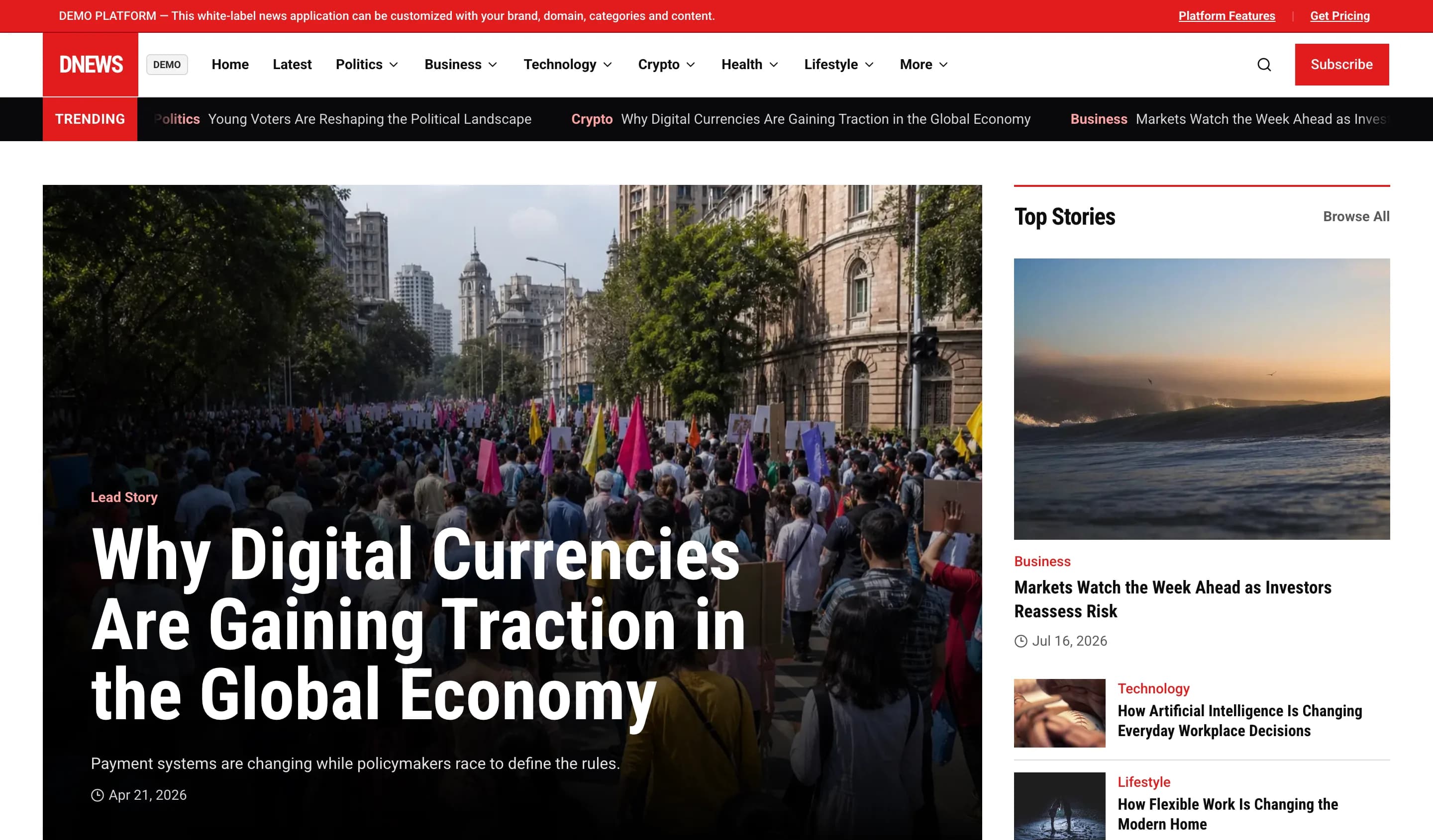 Dino News public portal showing lead stories, trending news, categories and latest articles