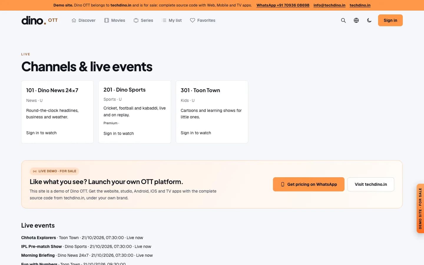 Dino OTT live TV page with 24x7 news, sports and kids channels