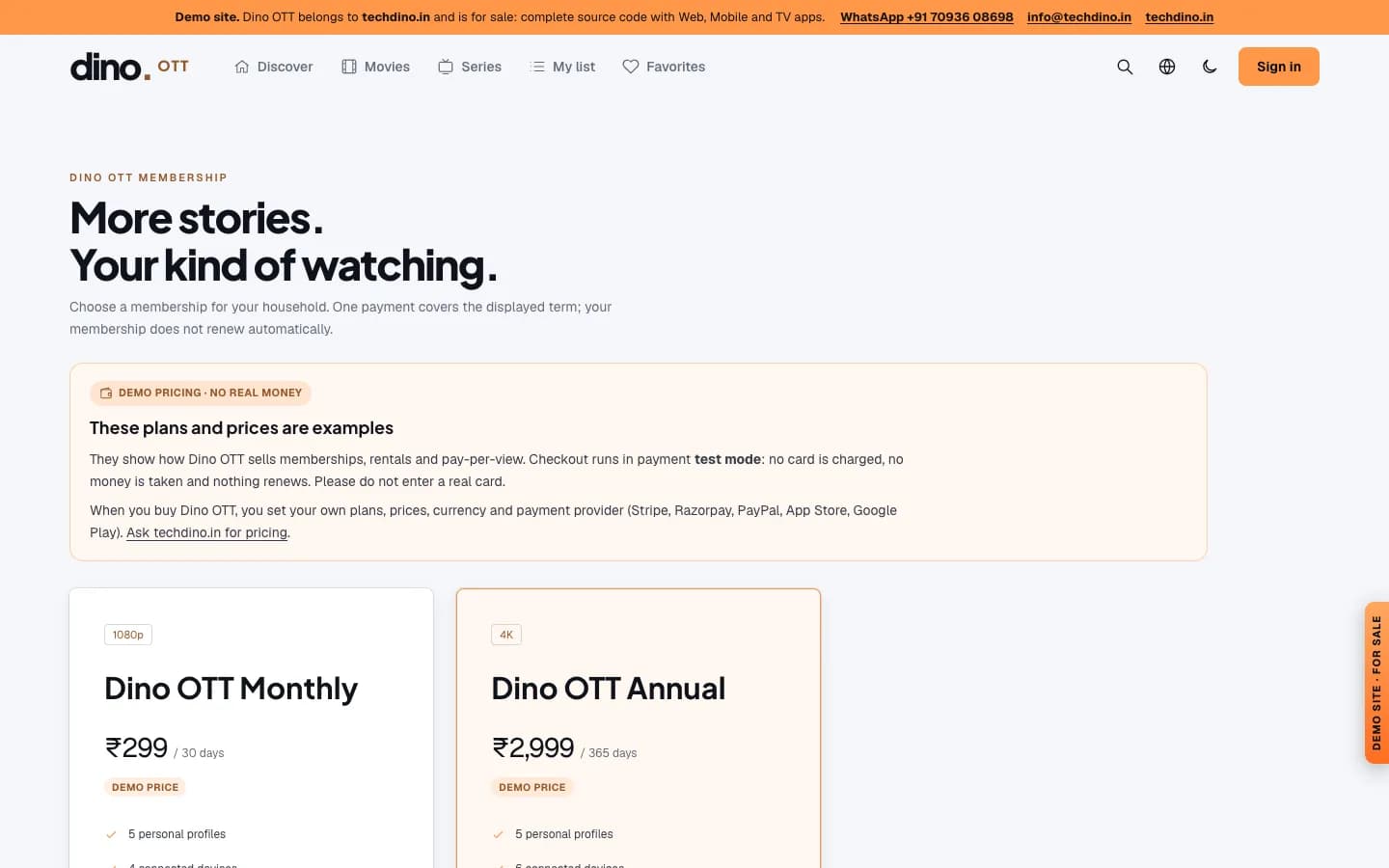 Dino OTT membership page with monthly and annual demo plans showing profiles, connected devices and simultaneous streams